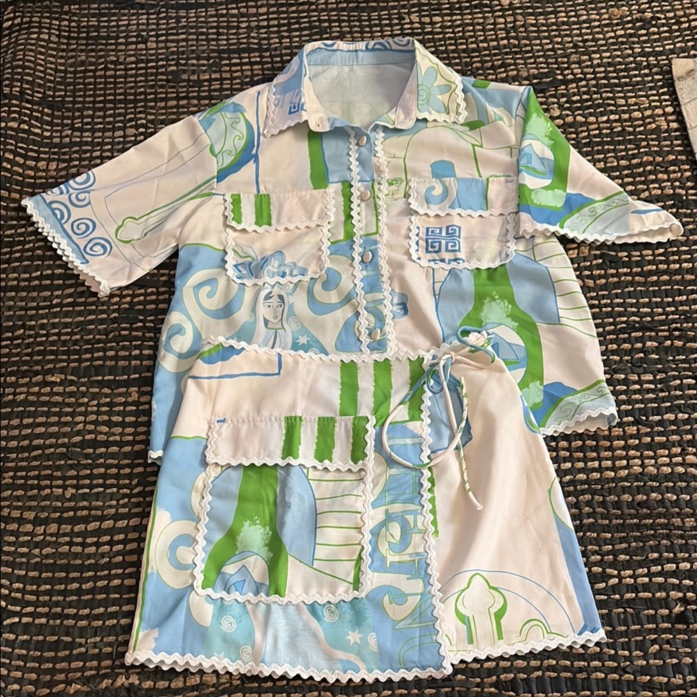 Colorful Patterned Shirt and fake wrap around skirt Set